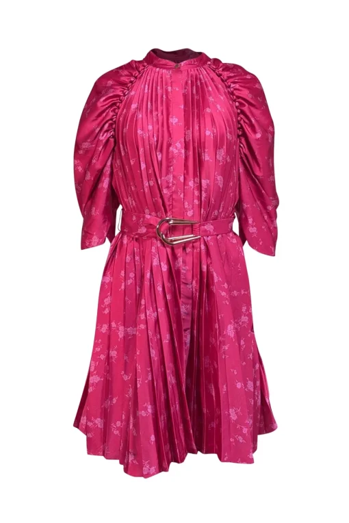 Acler - Fuchsia Floral Print Pleated Satin Dress Sz 8