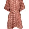 Acler - Peach & Orange Plaid Pleated Puff Sleeve Mini Dress Sz 2