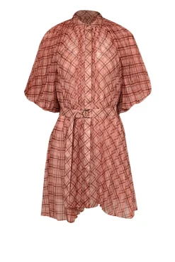 Acler - Peach & Orange Plaid Pleated Puff Sleeve Mini Dress Sz 2