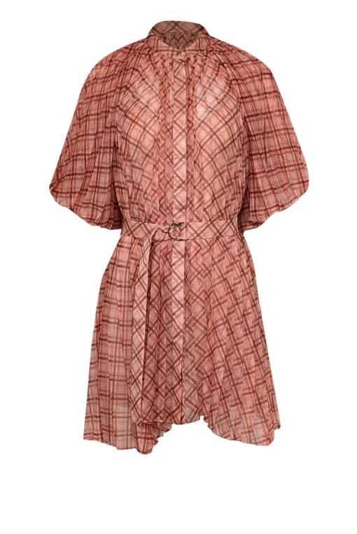Acler - Peach & Orange Plaid Pleated Puff Sleeve Mini Dress Sz 2