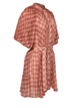 Acler - Peach & Orange Plaid Pleated Puff Sleeve Mini Dress Sz 2