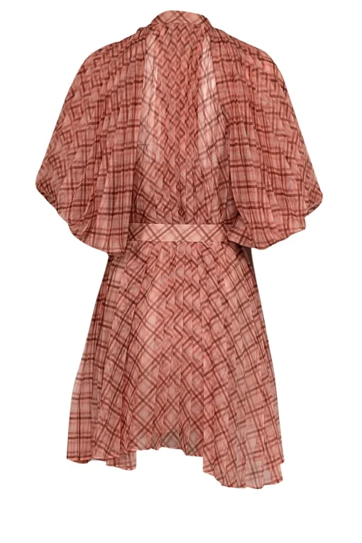 Acler - Peach & Orange Plaid Pleated Puff Sleeve Mini Dress Sz 2