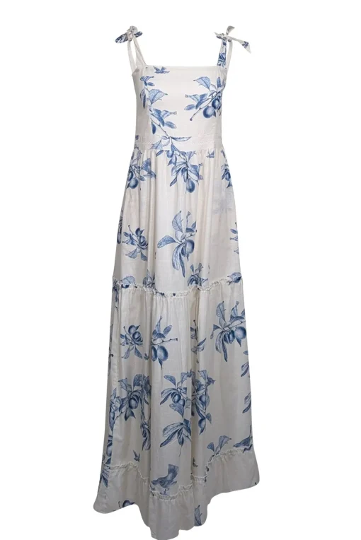 Agua Bendita for Anthropologie - White w/ Blue Fruit Toile Print Maxi Dress Sz M