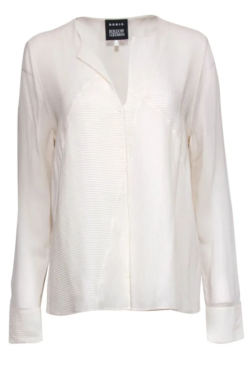 Akris - Cream Long Sleeve Ribbed Snap Front Silk Blouse Sz 14