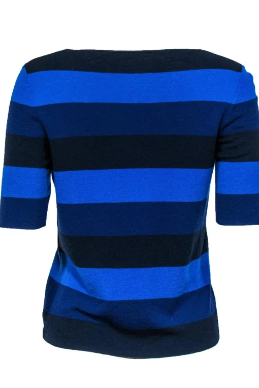 Akris Punto - Blue, Navy & Black Striped Short Sleeve Wool Sweater Sz 12
