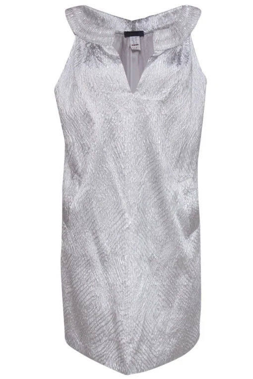 Alberta Ferretti - Textured Silver Silk Blend Shift Dress Sz 10