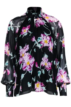 A.L.C. - Black w/ Purple & Green Abstract Floral Print Silk Blouse Sz 0