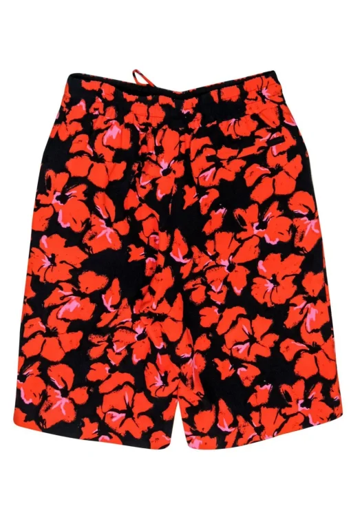 A.L.C. - Orange & Black Floral Print Drawstring Bermuda Short Sz 2