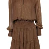 A.L.C. - Tan & Gold Metallic Striped Smocked Waist Silk Blend Dress Sz 8