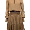 A.L.C. - Tan & Gold Metallic Striped Smocked Waist Silk Blend Dress Sz 2