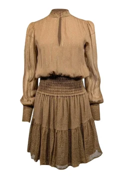 A.L.C. - Tan & Gold Metallic Striped Smocked Waist Silk Blend Dress Sz 2