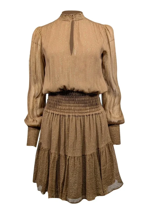 A.L.C. - Tan & Gold Metallic Striped Smocked Waist Silk Blend Dress Sz 2