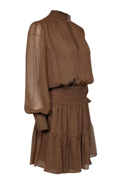 A.L.C. - Tan & Gold Metallic Striped Smocked Waist Silk Blend Dress Sz 8