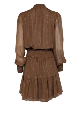 A.L.C. - Tan & Gold Metallic Striped Smocked Waist Silk Blend Dress Sz 8