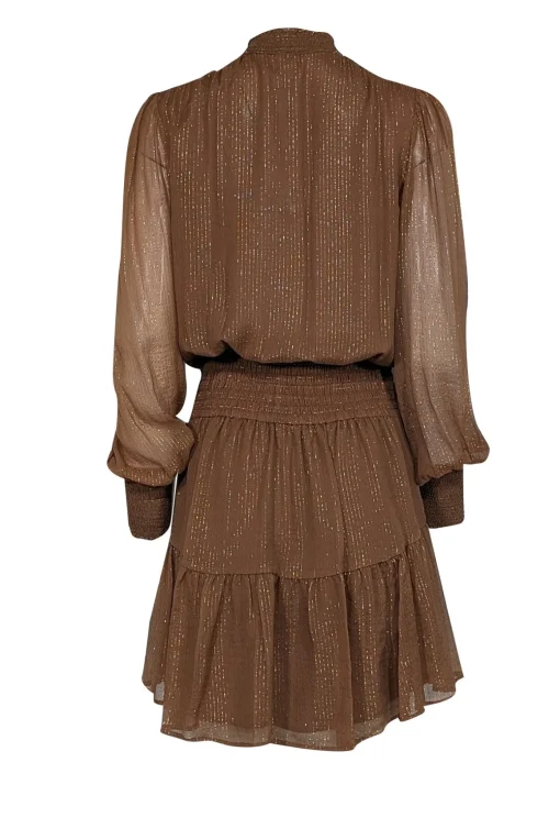 A.L.C. - Tan & Gold Metallic Striped Smocked Waist Silk Blend Dress Sz 8