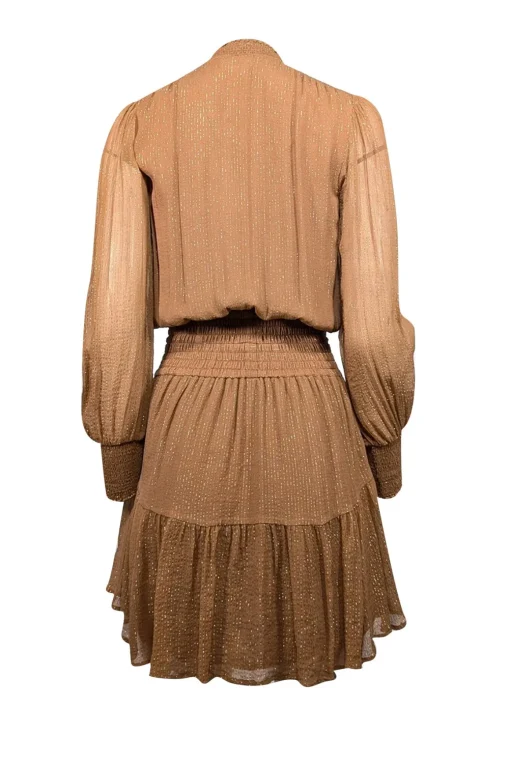 A.L.C. - Tan & Gold Metallic Striped Smocked Waist Silk Blend Dress Sz 2