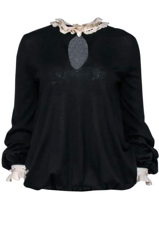 Alexander McQueen - Black Wool Sweater w/ Ruffle Trim Sz M