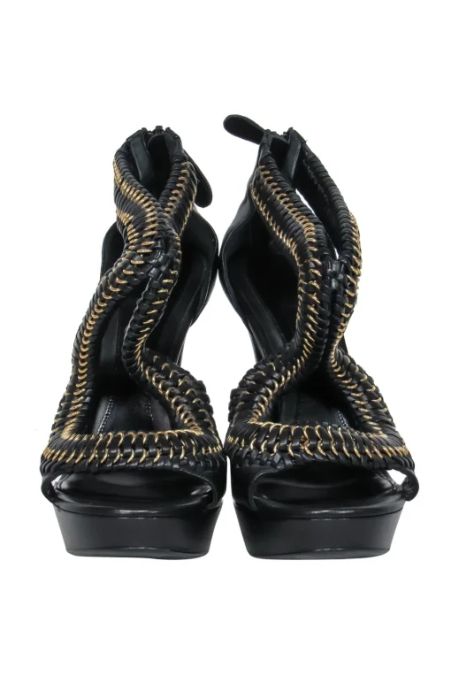 Alexander McQueen - Black Leather Platform Stilettos w/ Braided Gold Chain Trim Sz 8.5