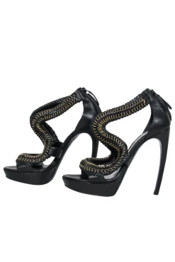 Alexander McQueen - Black Leather Platform Stilettos w/ Braided Gold Chain Trim Sz 8.5