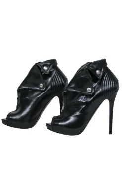 Alexander McQueen - Black Leather Peep Toe Stiletto Booties w/ Skull Zipper Sz 8.5