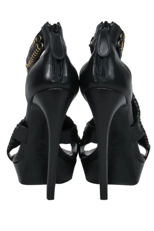 Alexander McQueen - Black Leather Platform Stilettos w/ Braided Gold Chain Trim Sz 8.5