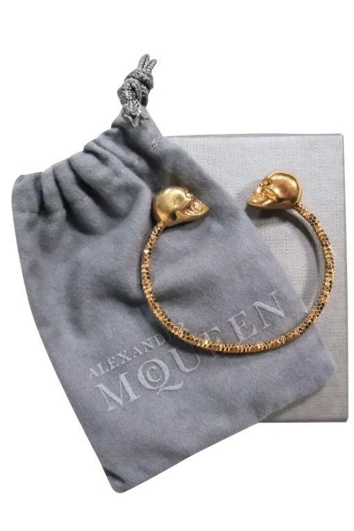 Alexander McQueen - Gold Textured Embellished "Twin Skull" Bangle