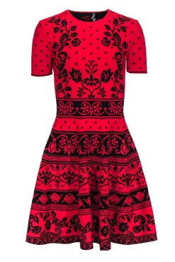 Alexander McQueen - Red & Black Floral Print Knit Short Sleeve Dress Sz S