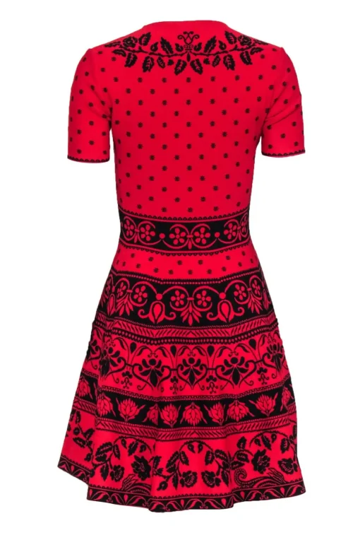 Alexander McQueen - Red & Black Floral Print Knit Short Sleeve Dress Sz S