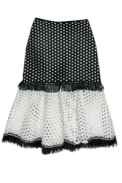 Alexis - Black & White Colorblocked Eyelet A-Line Skirt w/ Fringe Sz XS