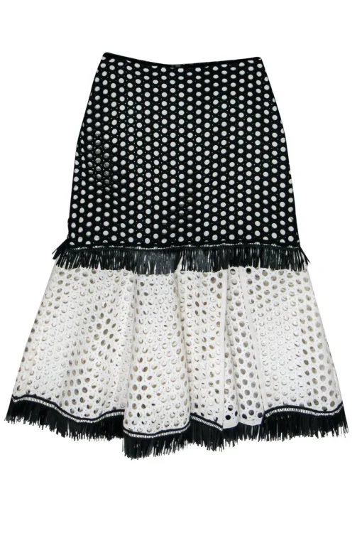 Alexis - Black & White Colorblocked Eyelet A-Line Skirt w/ Fringe Sz XS