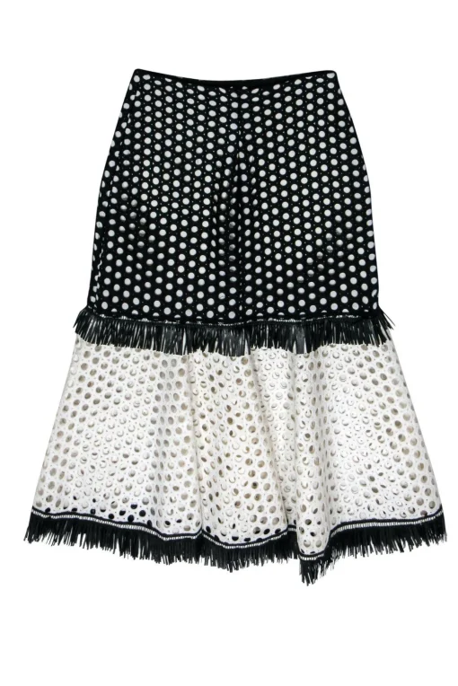 Alexis - Black & White Colorblocked Eyelet A-Line Skirt w/ Fringe Sz XS