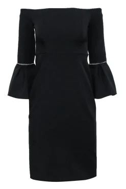 Alexis - Black Off The Shoulder Dress w/ Bell Sleeves & Fabric Trim Sz S