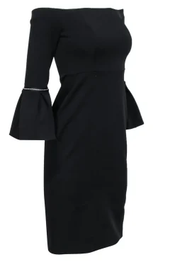Alexis - Black Off The Shoulder Dress w/ Bell Sleeves & Fabric Trim Sz S