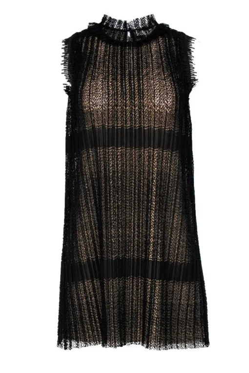 Alexis - Black Pleated Lace Shift Dress Sz XS
