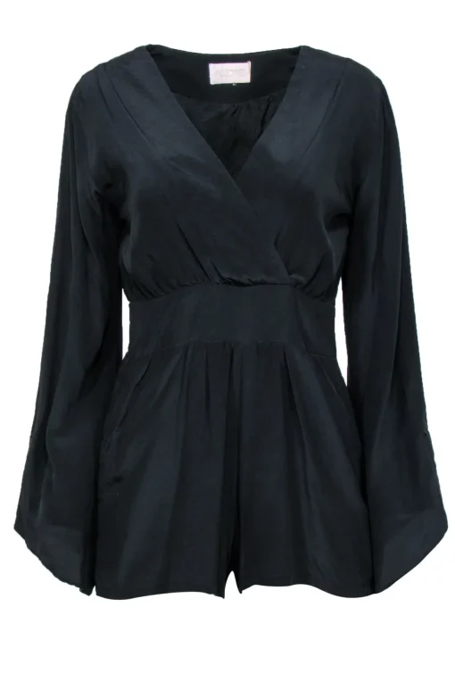 Alexis - Black Silk Romper w/ Bell Sleeves Sz M
