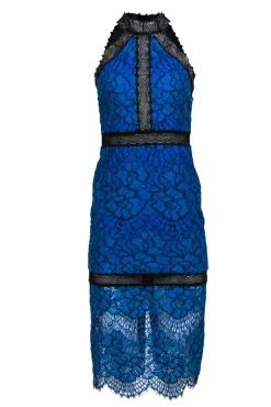 Alexis - Blue & Black Lace Fitted Mock Neck Maxi Dress Sz S