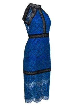Alexis - Blue & Black Lace Fitted Mock Neck Maxi Dress Sz S