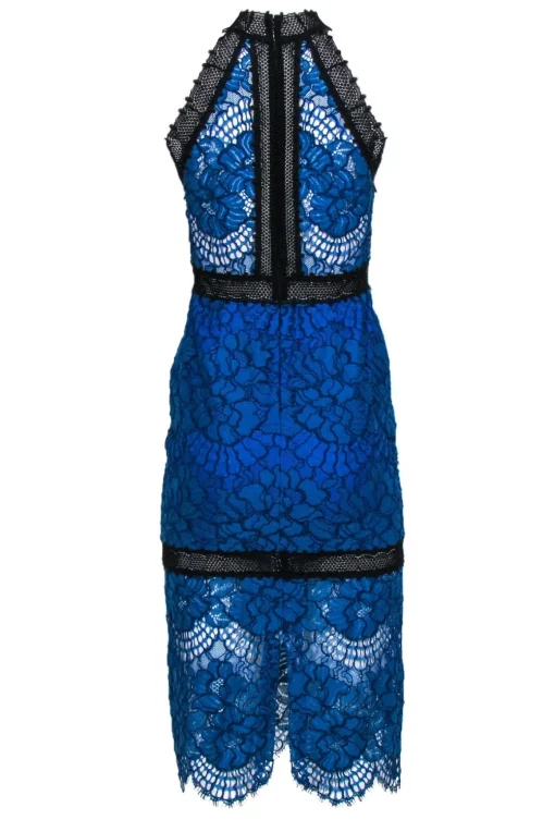 Alexis - Blue & Black Lace Fitted Mock Neck Maxi Dress Sz S