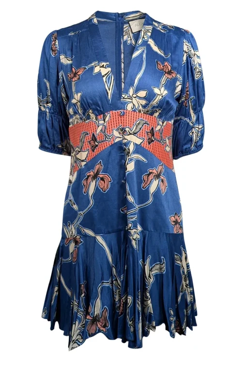 Alexis - Blue w/ Salmon & White Floral Print Ruffled Mini Dress Sz M