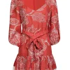 Alexis - Coral Orange Embroidered Linen Dress w/ Fringe Trim Sz L