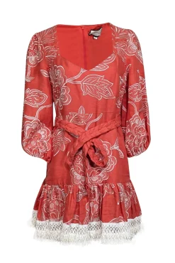 Alexis - Coral Orange Embroidered Linen Dress w/ Fringe Trim Sz L
