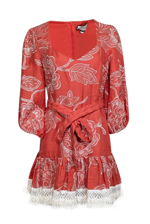 Alexis - Coral Orange Embroidered Linen Dress w/ Fringe Trim Sz L