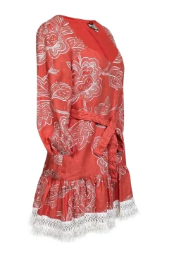 Alexis - Coral Orange Embroidered Linen Dress w/ Fringe Trim Sz L