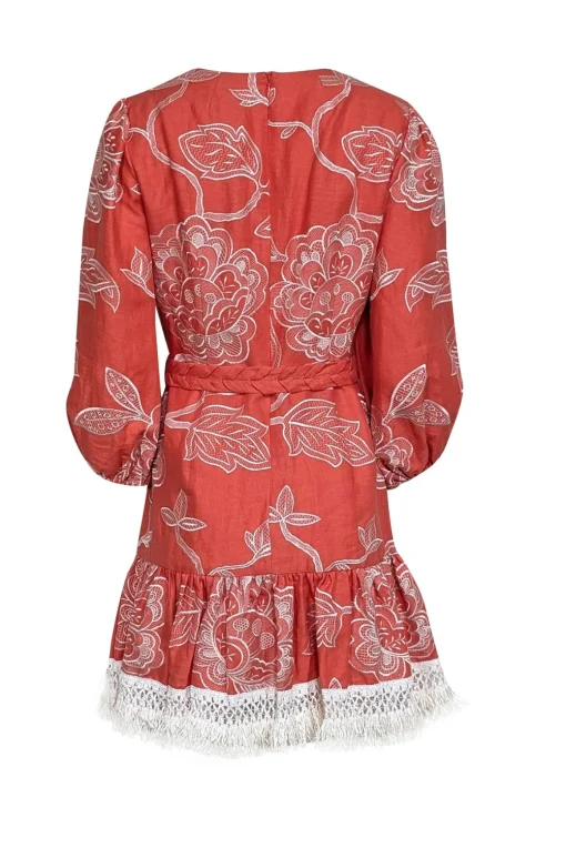 Alexis - Coral Orange Embroidered Linen Dress w/ Fringe Trim Sz L