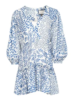 Alexis - Off-White & Blue Abstract Print Linen Mini Dress Sz L