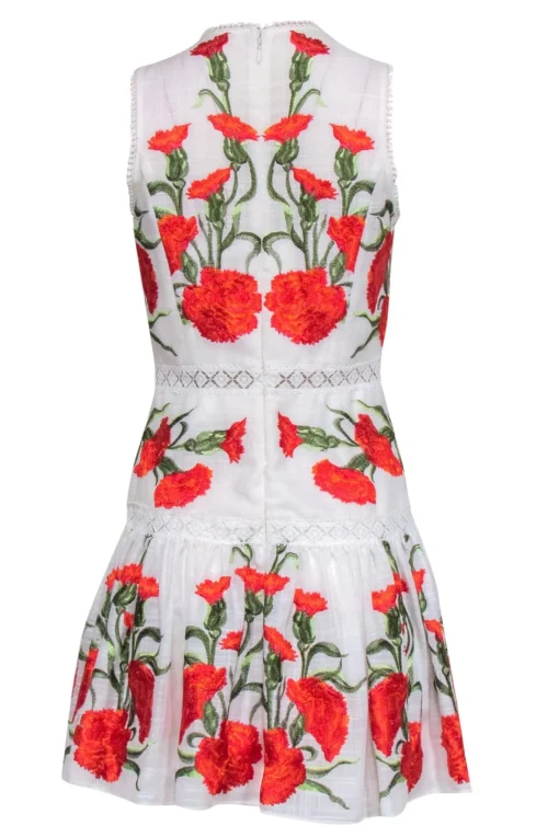 Alexis - White, Red & Green Floral Embroidered Drop Waist Dress w/ Lace Trim Sz M