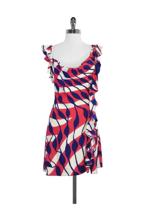 Ali Ro - Pink & Navy Print Silk Cascading Ruffle Dress Sz 2