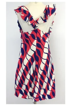 Ali Ro - Pink & Navy Print Silk Cascading Ruffle Dress Sz 2