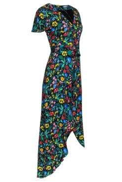 Alice & Olivia - Black & Multi Color Floral Print Hi-Low Wrap Dress Sz 2