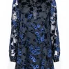 Alice & Olivia - Black & Navy Velvet Floral Pattern Shift Dress Sz 6